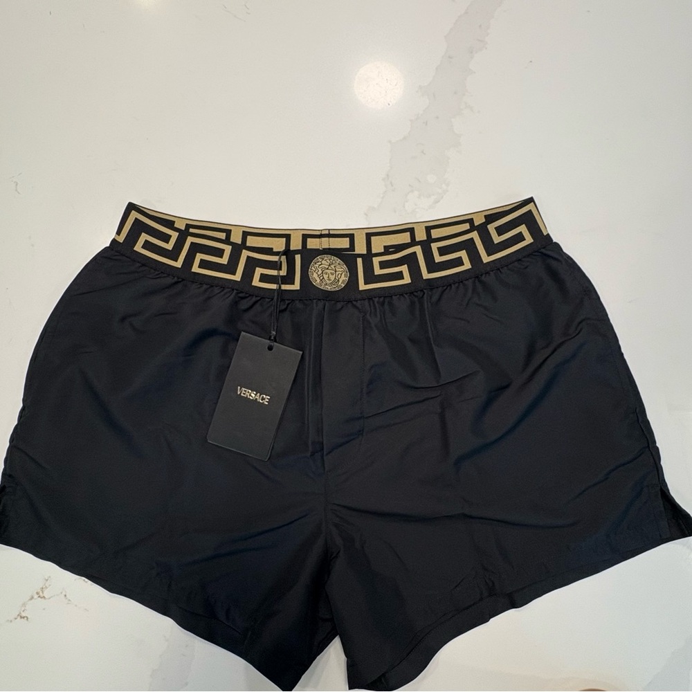Versace Men’s Black Swim Trunks with Gold Trim